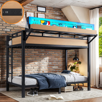 Twin XL over Twin XL Size Metal Bunk Bed with Storage Shelves and Pegboard, Bunk Bed Frame with USB Ports and LED Lights, Space-Saving, for Teens and Adults, Natural image 1