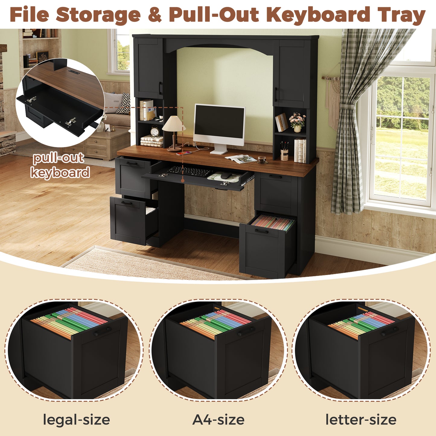 ON-TREND Farmhouse Arched Computer Desk with Hutch, Mid-Century Walnut Home Office Workstation with Charging Station & Keyboard Tray, All-in-One Writing Desk with File Drawer for Study, Office, Black image 4