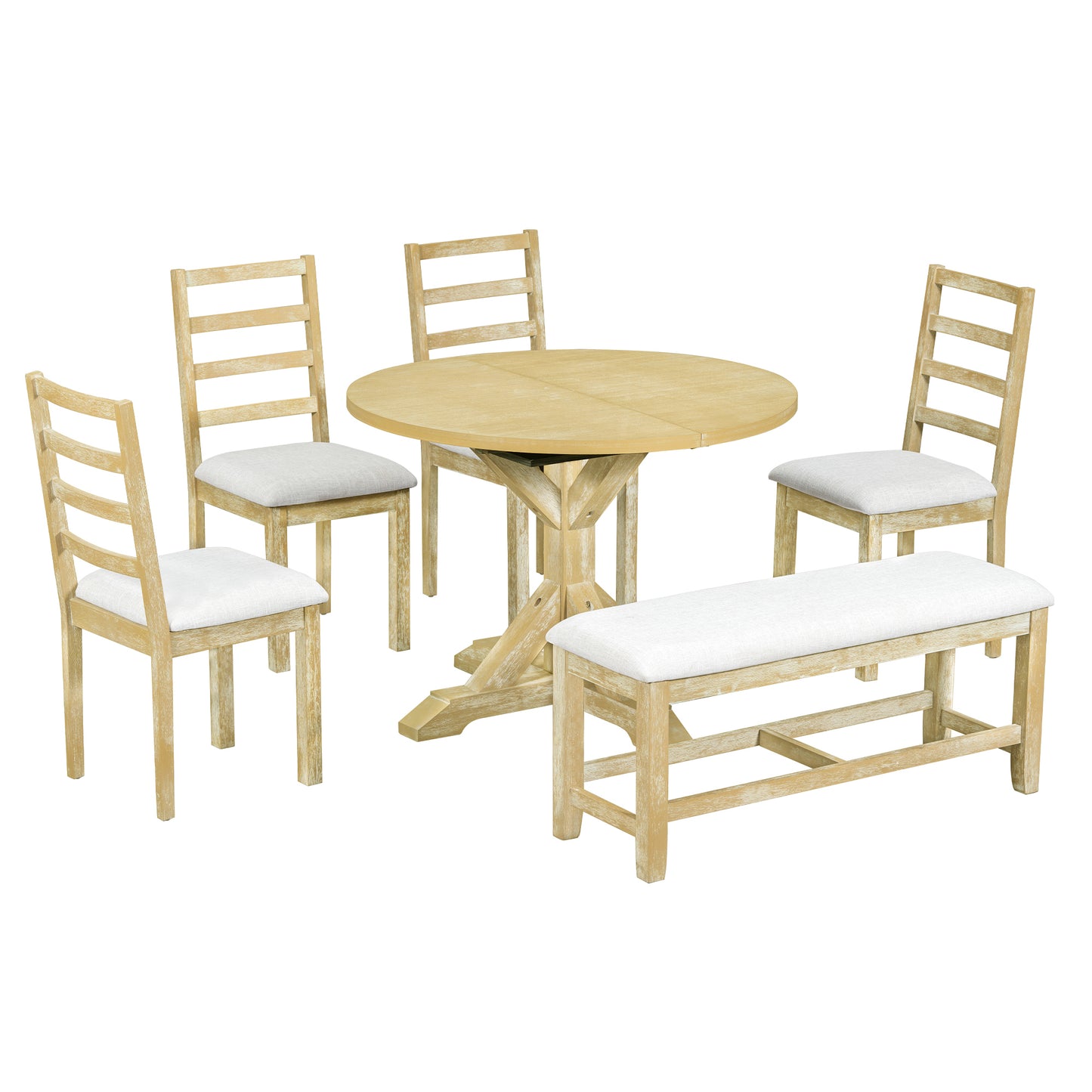 TOPMAX Farmhouse 6-Piece 60inch Extendable Pedestal Dining Table Set with 18inch Removable Leaf, 44inch Bench and 4 Ladder Back Dining Chairs, Natural+Beige(OLD SKU:SP000060AAA) image 10