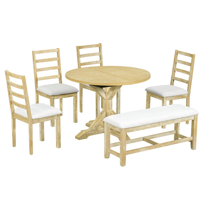TOPMAX Farmhouse 6-Piece 60inch Extendable Pedestal Dining Table Set with 18inch Removable Leaf, 44inch Bench and 4 Ladder Back Dining Chairs, Natural+Beige(OLD SKU:SP000060AAA) image 10