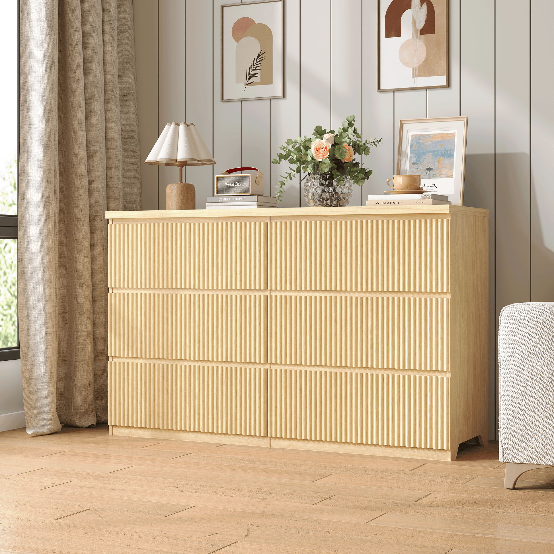 Modern Natural Wood 6 Drawer Dresser, Wave Panel Drawer Fronts, Storage Cabinet, Versatile Chest of Drawers for Bedroom, Living Room - Sleek & Spacious Home Storage Solution image 3