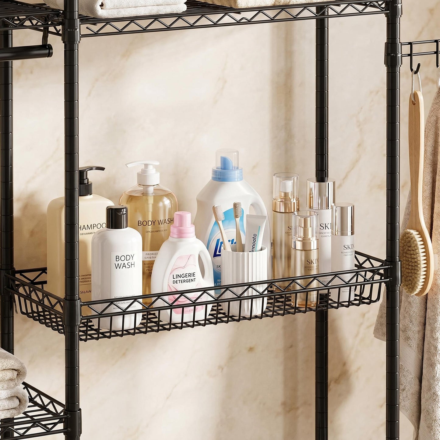 Over Washer and Dryer Shelves, 4 Tier Laundry Room Clothes Drying Rack Wire Basket & Rotating Side Hook, Heavy Duty Laundry Drying Rack, Space Saving and Adjustable Shelves, Black image 10