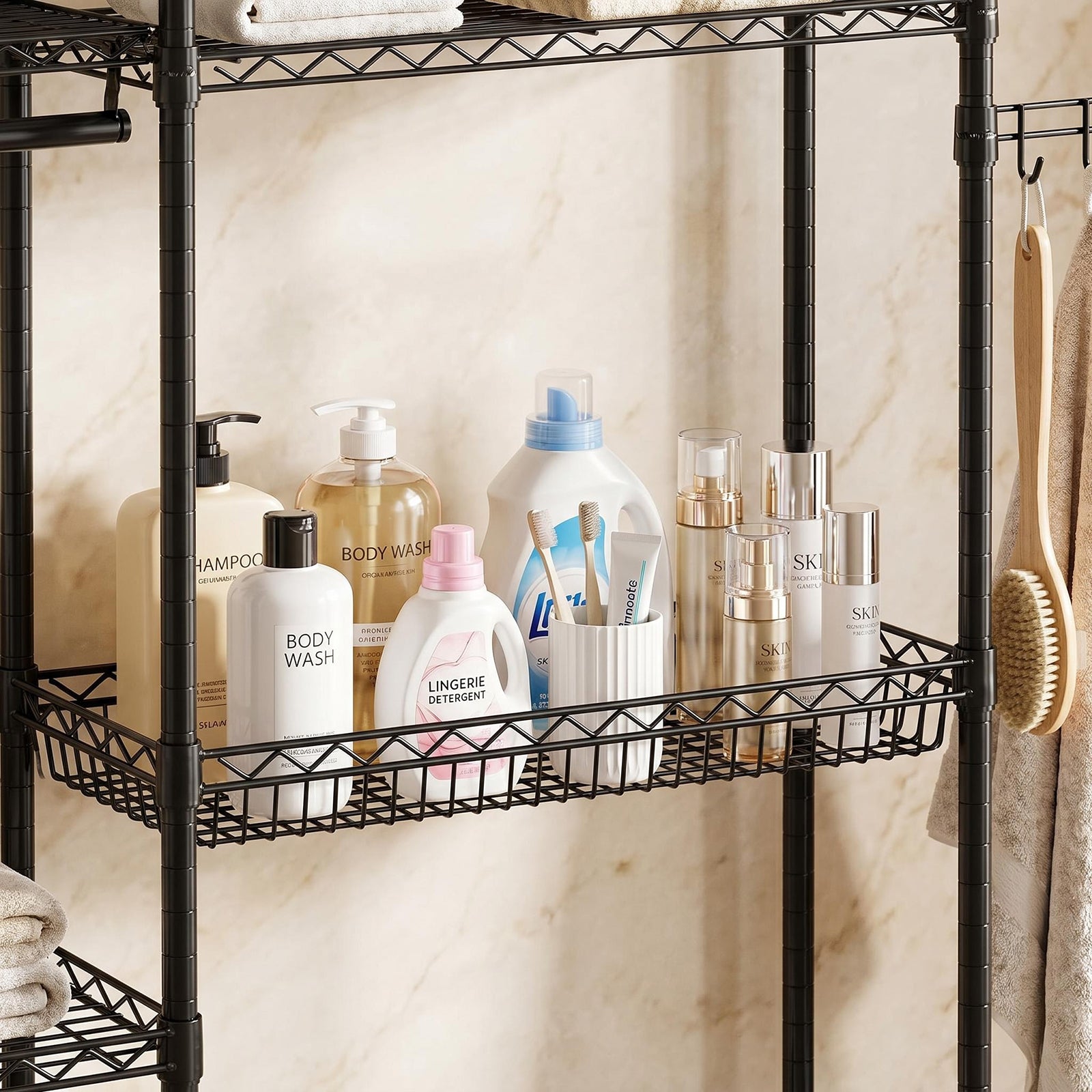 Over Washer and Dryer Shelves, 4 Tier Laundry Room Clothes Drying Rack Wire Basket & Rotating Side Hook, Heavy Duty Laundry Drying Rack, Space Saving and Adjustable Shelves, Black image 10