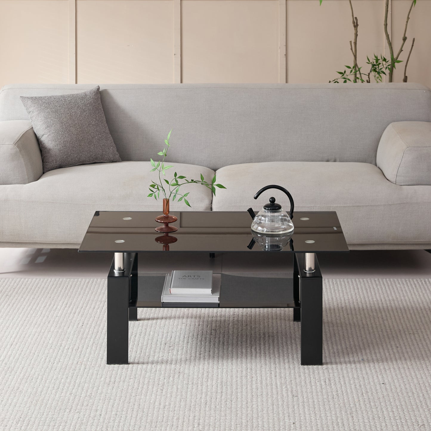 Tempered Black Glass Coffee Table, 2-Layers Tea Table image 4