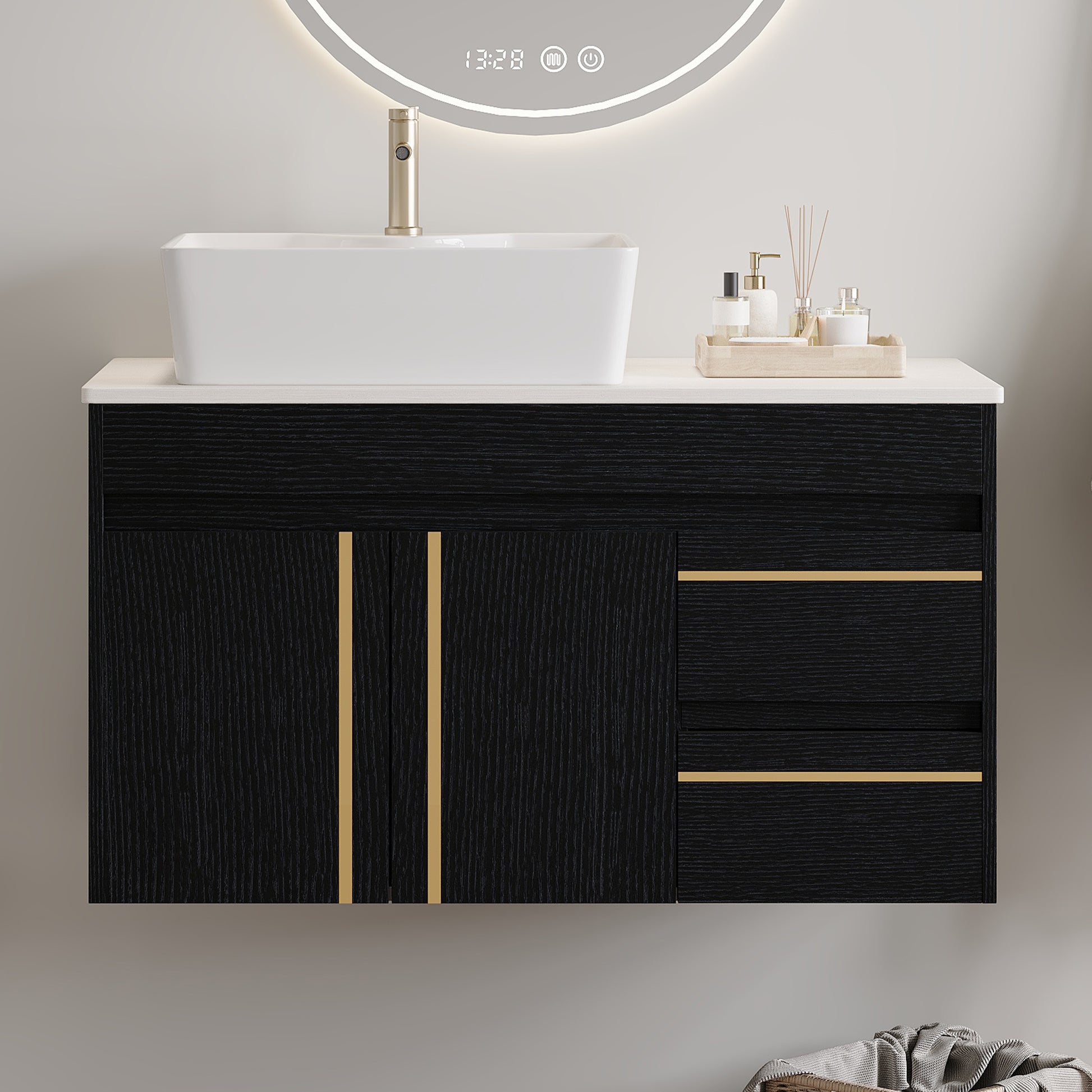 36" Wall-Mounted Bathroom Vanity with Vessel Ceramic Sink & Plywood Countertop – Soft-Close Door & Drawers, Floating Design image 2