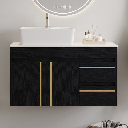 36" Wall-Mounted Bathroom Vanity with Vessel Ceramic Sink & Plywood Countertop – Soft-Close Door & Drawers, Floating Design image 2