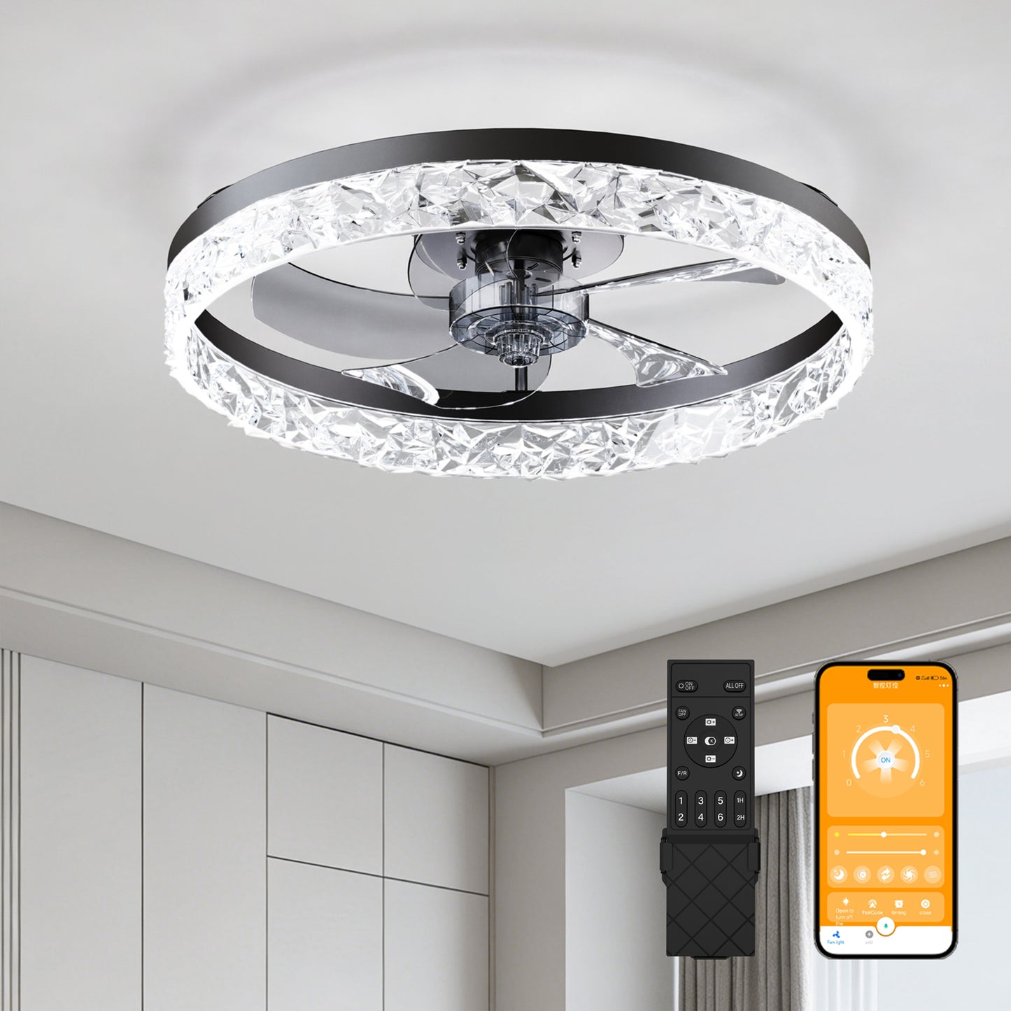 19.7" Ceiling Fans with Lights Remote and APP Control, Dimmable 3-Color and 6-Speed quiet DC Motor, BLACK Ceiling Fan for Living Room Bedroom image 1