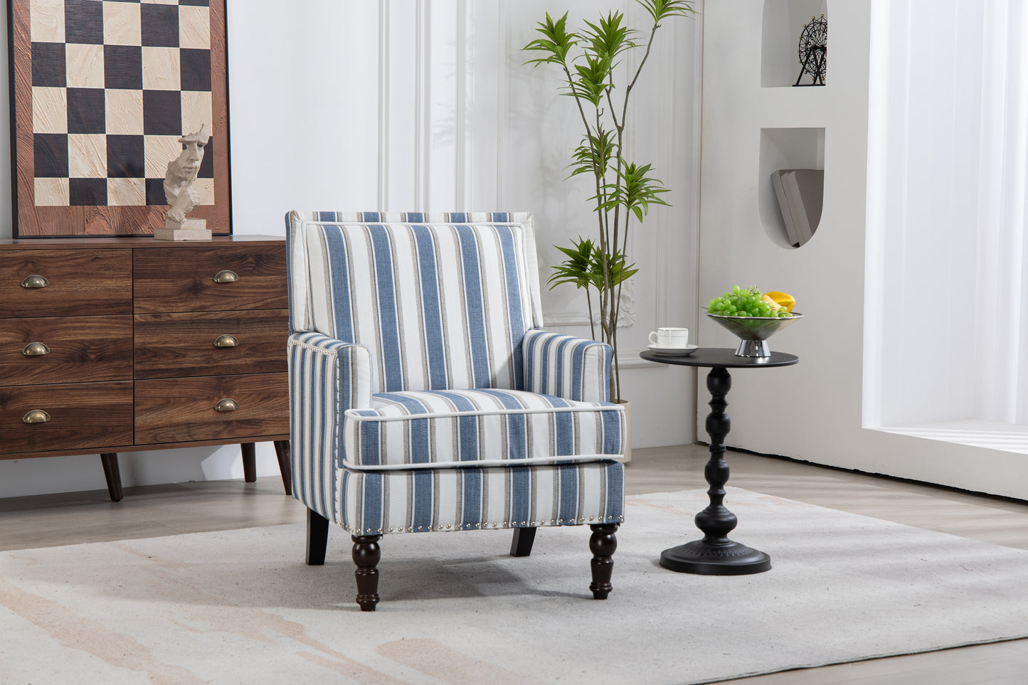 Upholstered Accent Chair, Vintage Armchair with Blue and White Striped Linen Fabric and Nailhead Trim for Living Room image 3