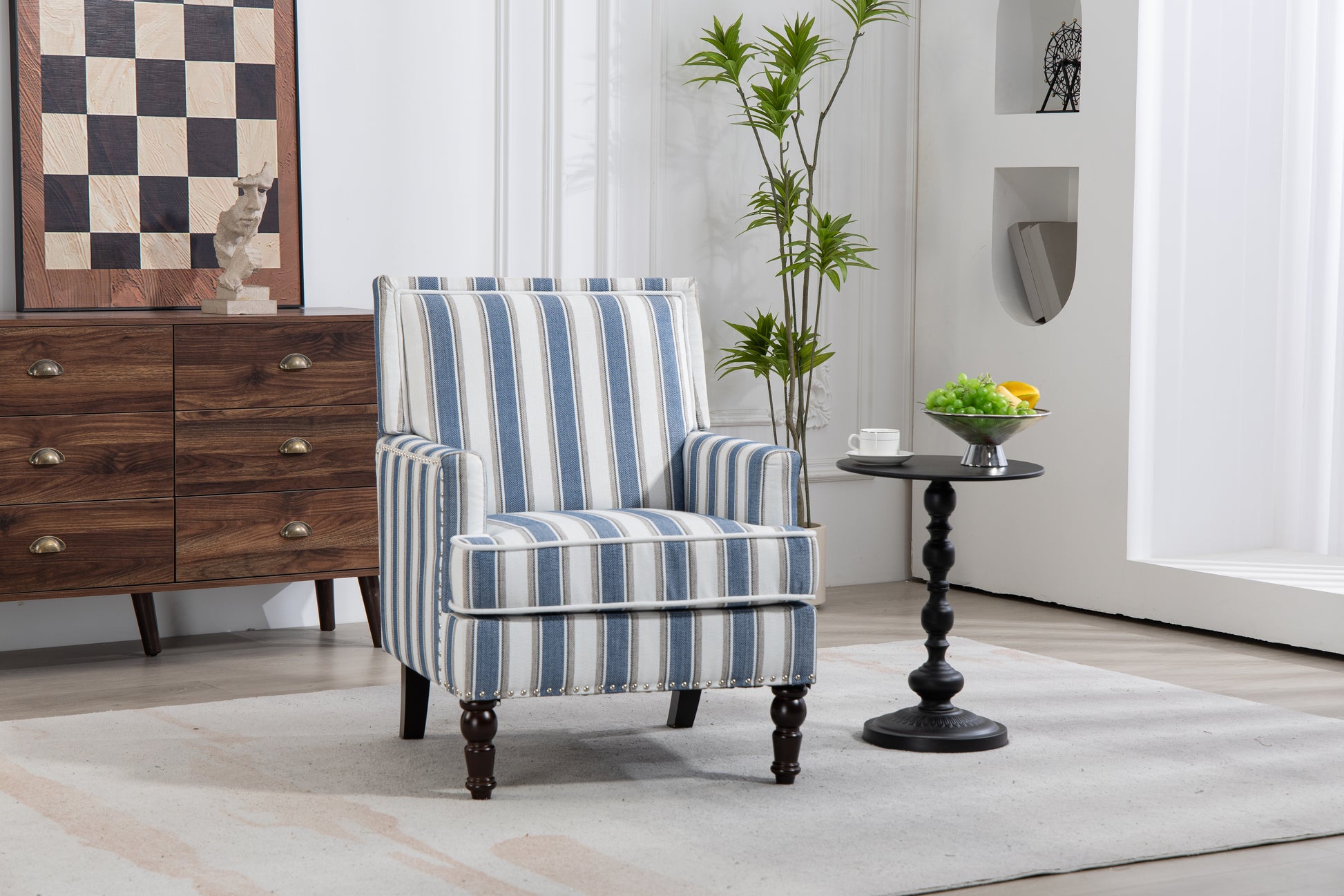 Upholstered Accent Chair, Vintage Armchair with Blue and White Striped Linen Fabric and Nailhead Trim for Living Room image 3