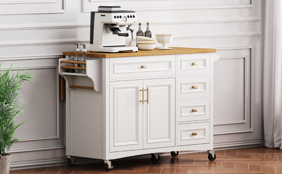 K&K 52'' Kitchen Island with Drop Leaf, Embossed Texture Kitchen Island on Wheels with Spice Rack, Towel Rack, 2 Doors and 5 Drawers, Kitchen Storage Cart with Adjustable Shelf for Kitchen, White image 2