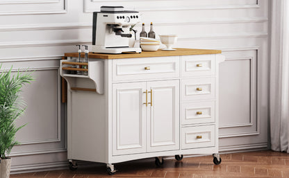 K&K 52'' Kitchen Island with Drop Leaf, Embossed Texture Kitchen Island on Wheels with Spice Rack, Towel Rack, 2 Doors and 5 Drawers, Kitchen Storage Cart with Adjustable Shelf for Kitchen, White image 2