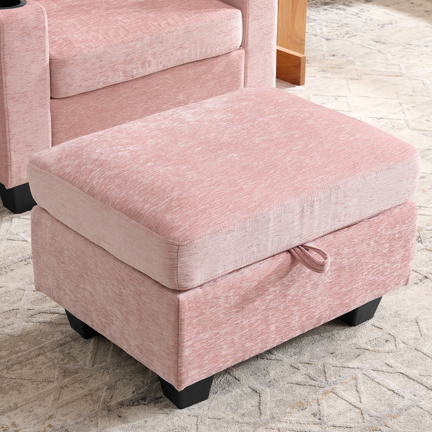 Single sofa recliner with manually adjustable backrest, USB charging port on the armrest side, phone stand included, hidden armrest storage, and a matching storage ottoman-Pink image 6