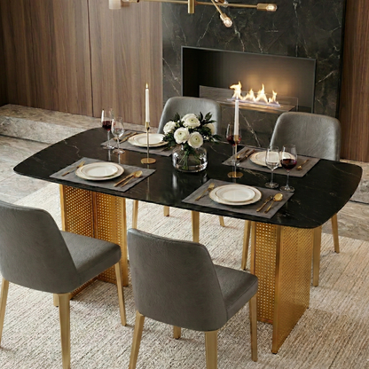 Modern-Style Rectangular Tempered Glass Dining Table for 6, Featuring a Marble-Patterned Design with Golden Hollow-Out Metal Legs, an Ideal Dining Table for Living Rooms and Home Offices. image 1