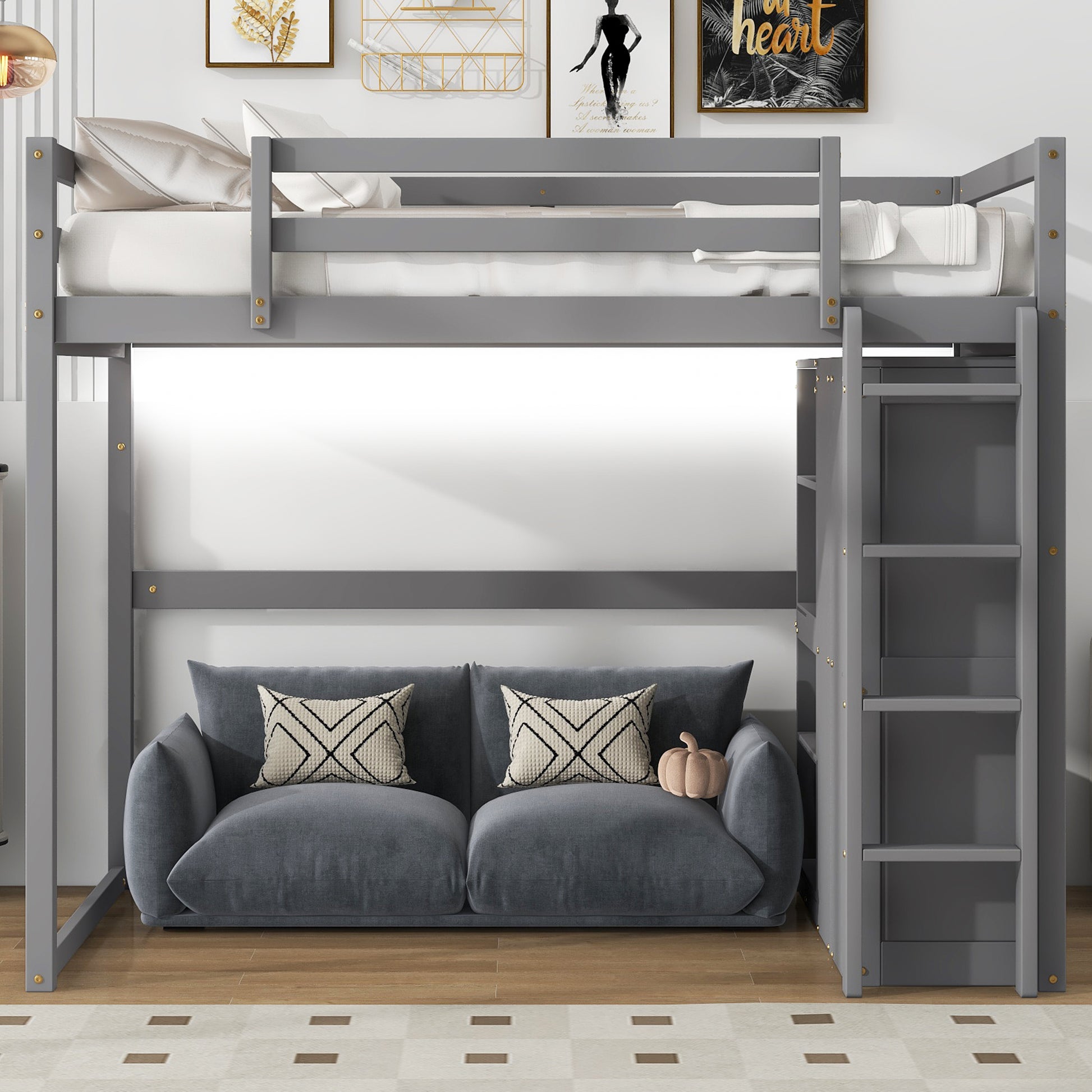 Wood Full Size Loft Bed with Built-in Wardrobe and Storage Shelves, Led light, Gray image 2