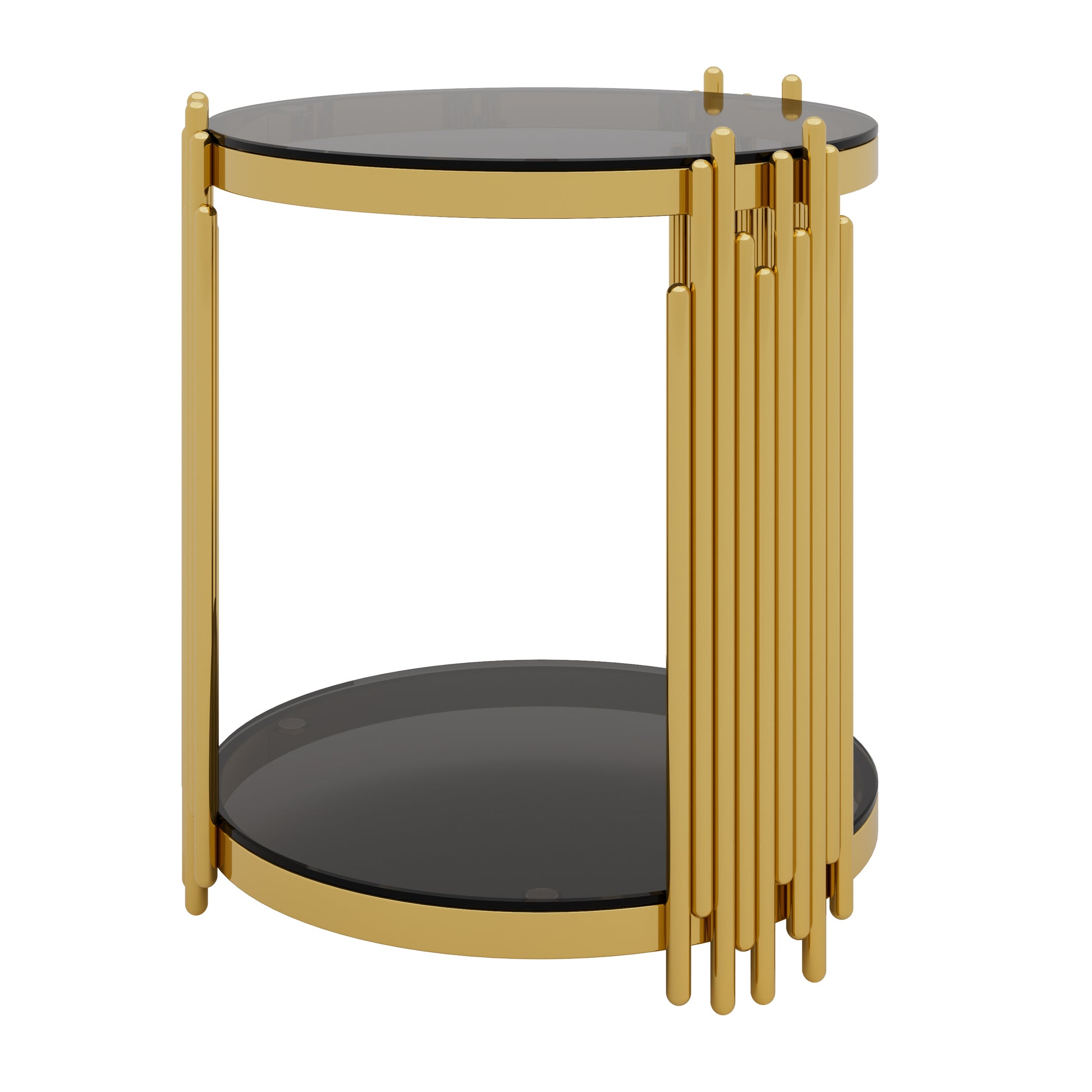 Living Room Table Set of 3 with 1 Coffee Table and 2 End Tables, Round, Tempered Glass, Asymmetrical Metal, Gold Finish & Lower Shelf, 31.5" image 6