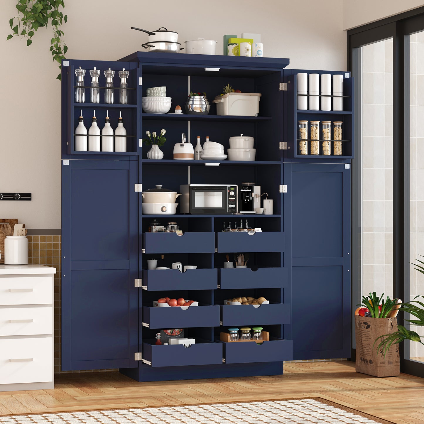 [Assembly Video Provided] TOPMAX 35.5x17.6x70.9inch Freestanding Kitchen Pantry Cabinet, Tall Storage Cabinet with 4 Doors, 2 Door Shelves, 8 Pull-out Trays and Adjustable Shelf for Dining Room, Blue image 1