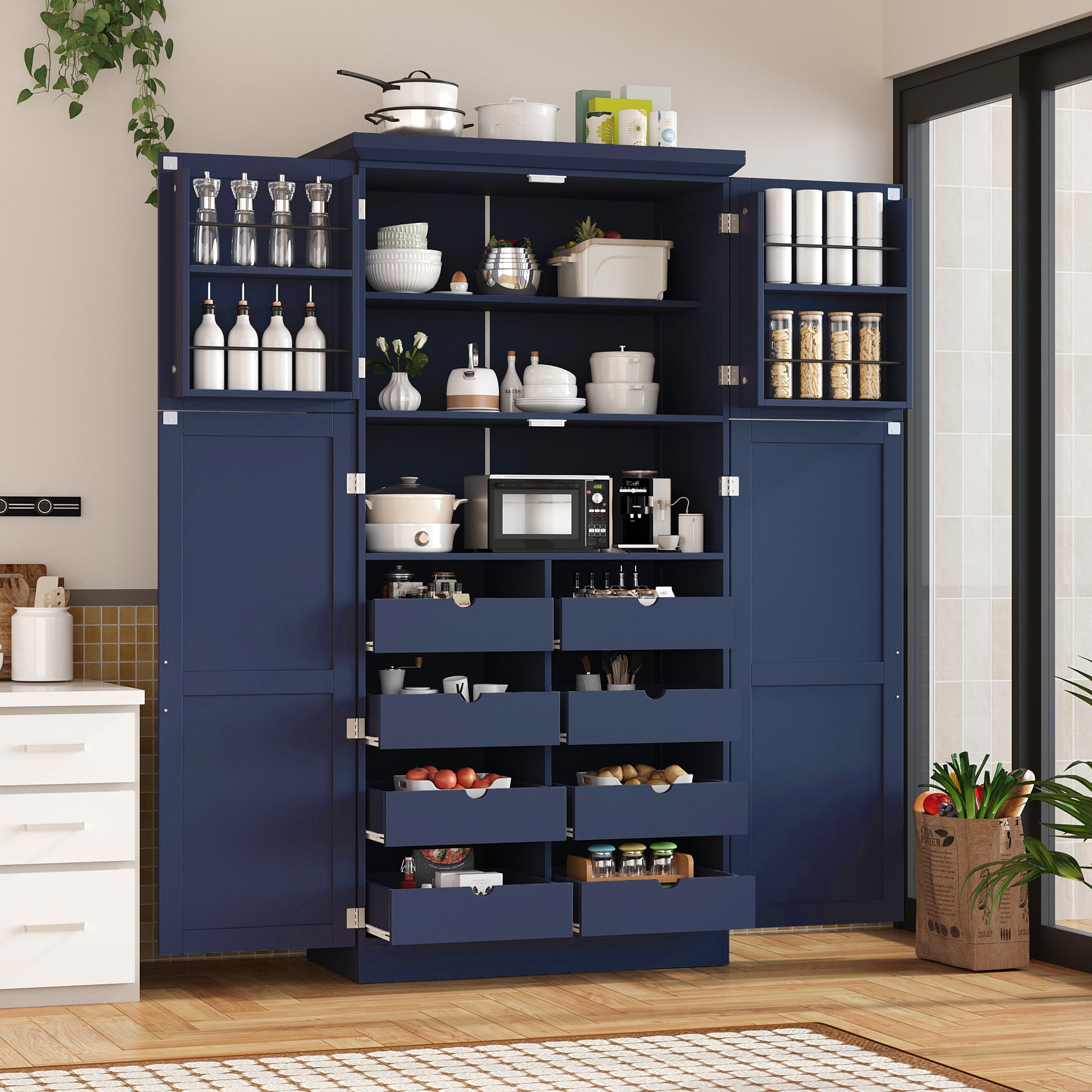 [Assembly Video Provided] TOPMAX 35.5x17.6x70.9inch Freestanding Kitchen Pantry Cabinet, Tall Storage Cabinet with 4 Doors, 2 Door Shelves, 8 Pull-out Trays and Adjustable Shelf for Dining Room, Blue image 1