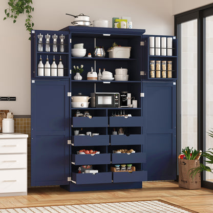 [Assembly Video Provided] TOPMAX 35.5x17.6x70.9inch Freestanding Kitchen Pantry Cabinet, Tall Storage Cabinet with 4 Doors, 2 Door Shelves, 8 Pull-out Trays and Adjustable Shelf for Dining Room, Blue image 1