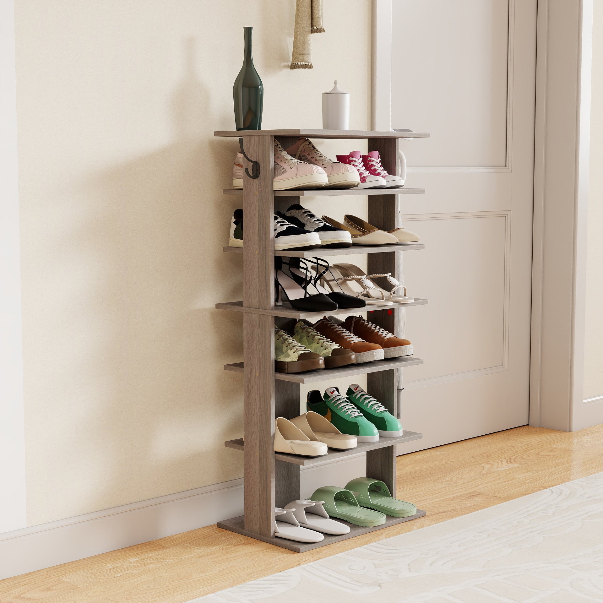 Shoe Rack,7 Tier Shoe Storage Organizer with Hooks, Entryway Shoe Tower,12-14Pairs Shoes,Vertical Shoe Organizer,Vertical Shoe Organizer,Easy Assemble,Saving Space,Rustic Gray image 9