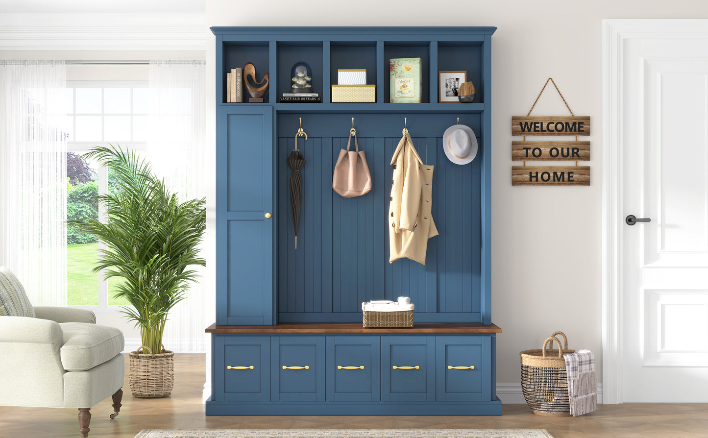 U-Can Entryway Hall Tree with Coat Hooks, Shoe Bench & Drawer Storage Cabinet image 4