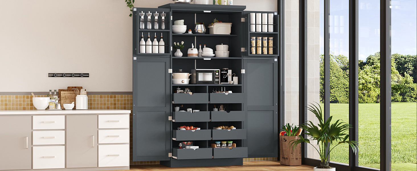[Assembly Video Provided] TOPMAX 35.5x17.6x70.9inch Freestanding Kitchen Pantry Cabinet, Tall Storage Cabinet with 4 Doors, 2 Door Shelves, 8 Pull-out Trays and Adjustable Shelf for Dining Room, Gray image 3