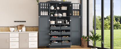 [Assembly Video Provided] TOPMAX 35.5x17.6x70.9inch Freestanding Kitchen Pantry Cabinet, Tall Storage Cabinet with 4 Doors, 2 Door Shelves, 8 Pull-out Trays and Adjustable Shelf for Dining Room, Gray image 3