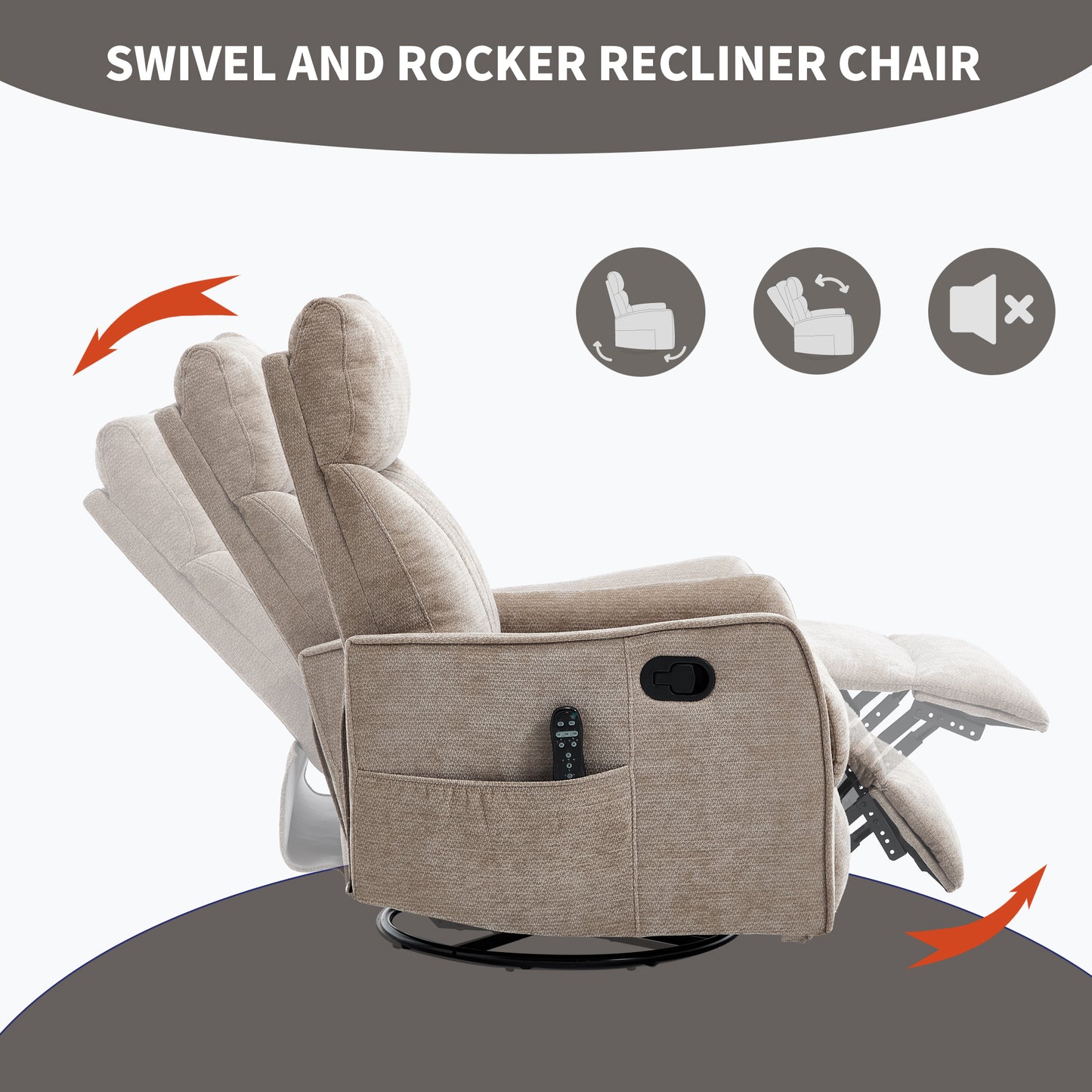 Khaki Heat Massage Manual Recliner Chair with Rocker and Swivel in Fabric for Living Room image 5