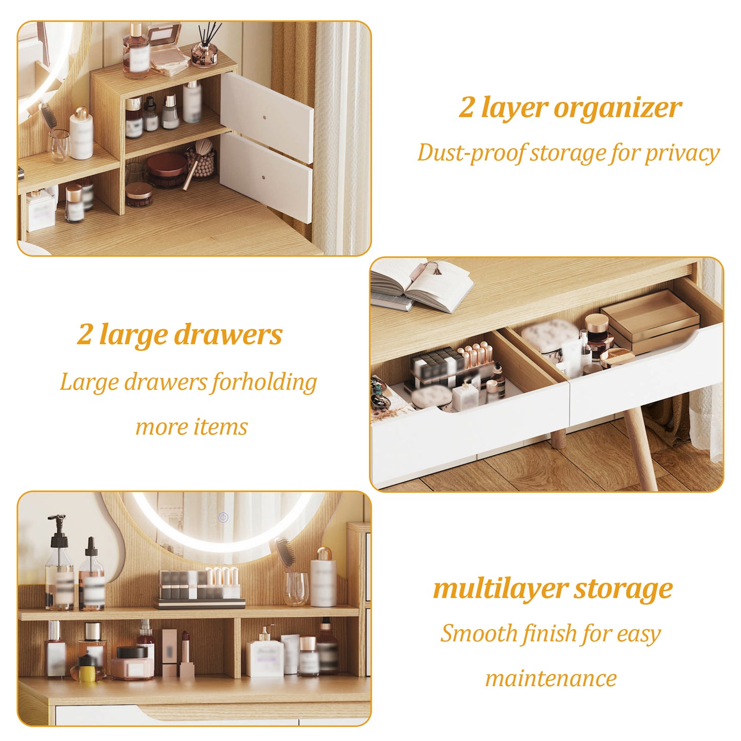 Makeup Vanity Desk with 3 Adjustable Lighted Mirror with solid wood table feet, Dressing Table Set with 4 drawers and 3 open shelves for Small space Bedroom image 10