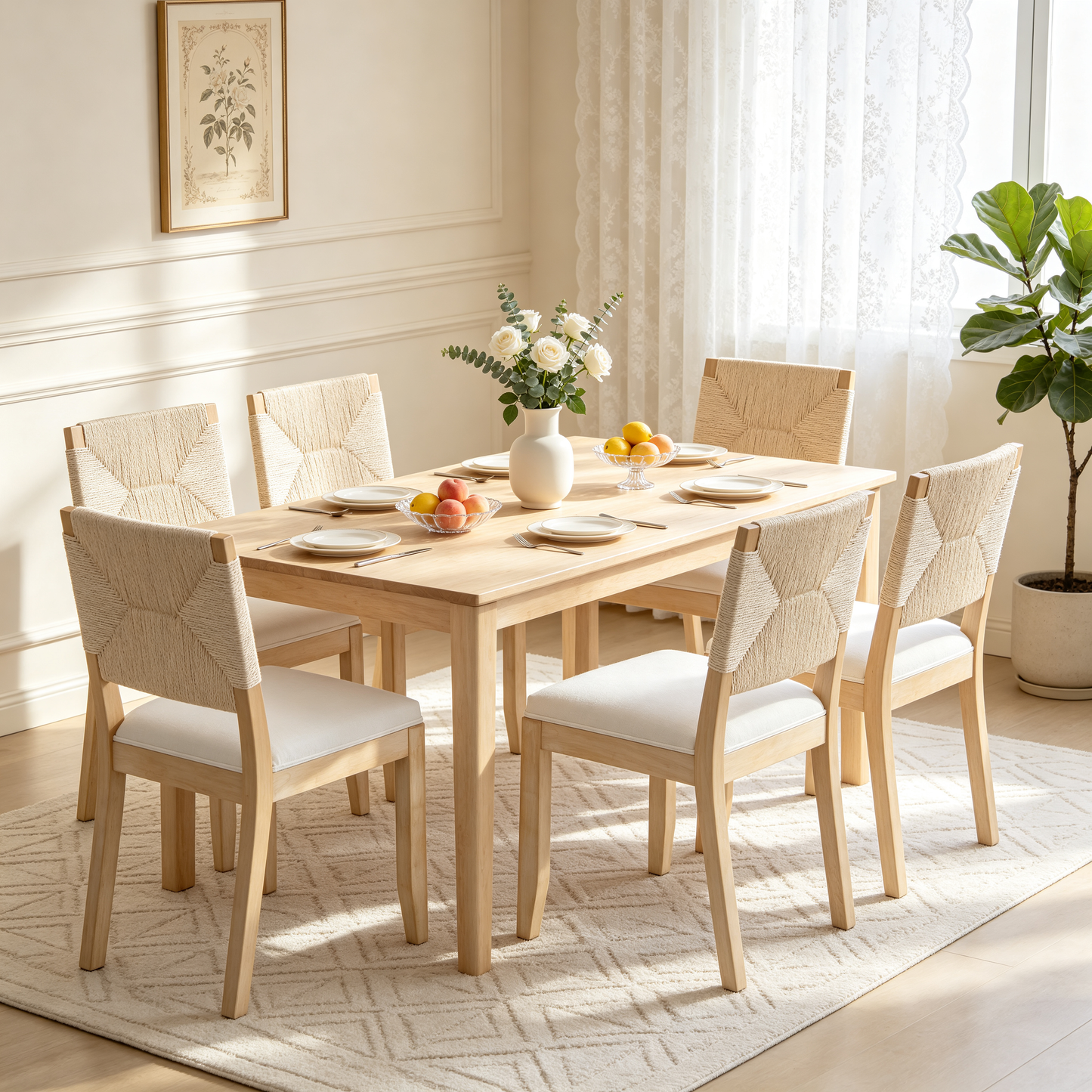 French Country Dining Chairs Set of 2, Beige Farmhouse Kitchen & Dining Room Chairs, Boho Wood Dining Chair with Woven Back & Linen Upholstered Seat, Solid Wood Frame,Beige image 1