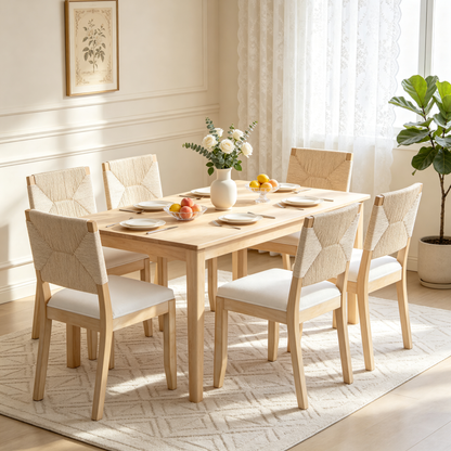 French Country Dining Chairs Set of 2, Beige Farmhouse Kitchen & Dining Room Chairs, Boho Wood Dining Chair with Woven Back & Linen Upholstered Seat, Solid Wood Frame,Beige image 1