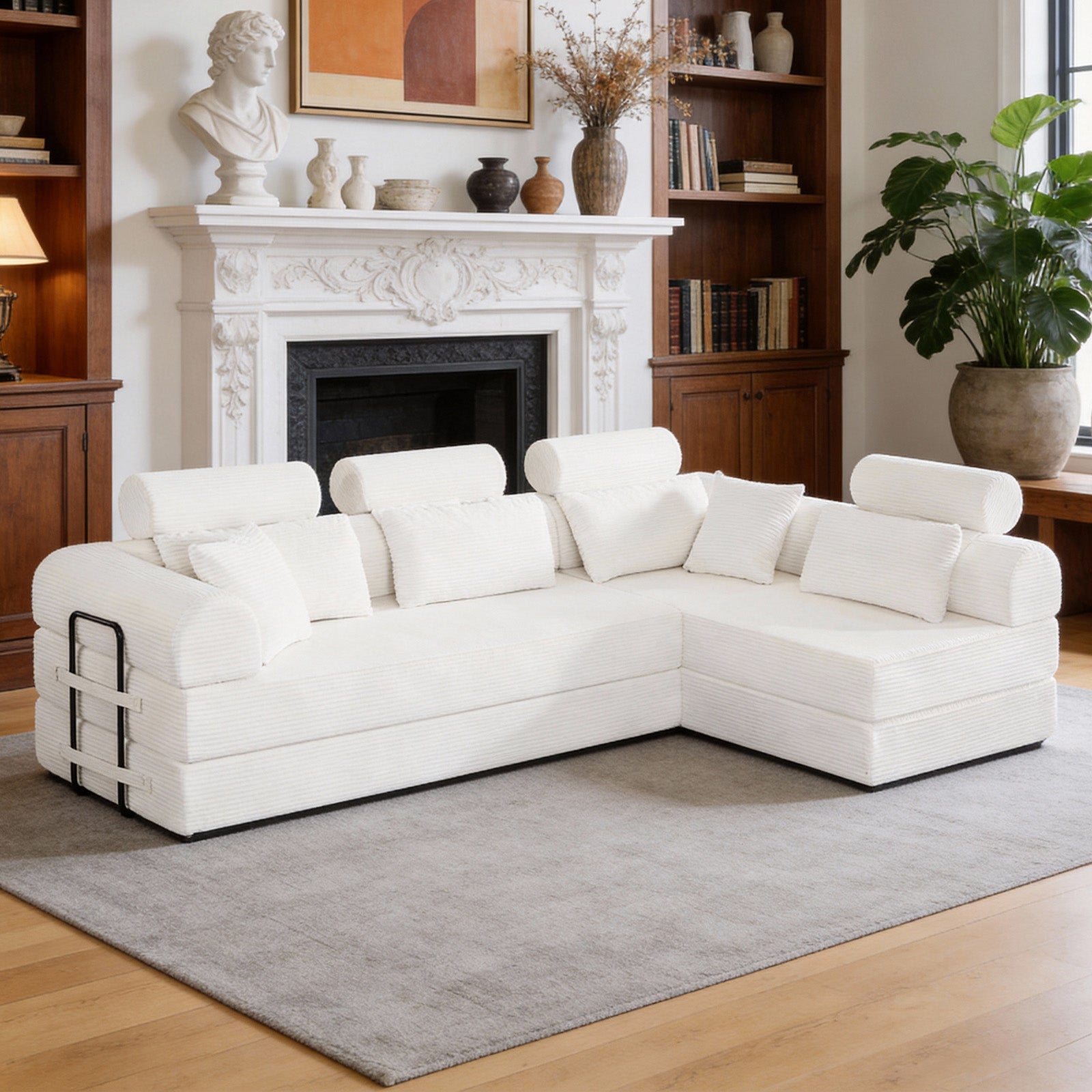 L shape Modular Sectional Sofa, Compressed Sectional Sofa Modern Minimalist Style Corduroy Couch,Unfold into a bed, Bedroom, Comfy Compressed Sofa Couch Space-Efficient Design(Beige) image 1