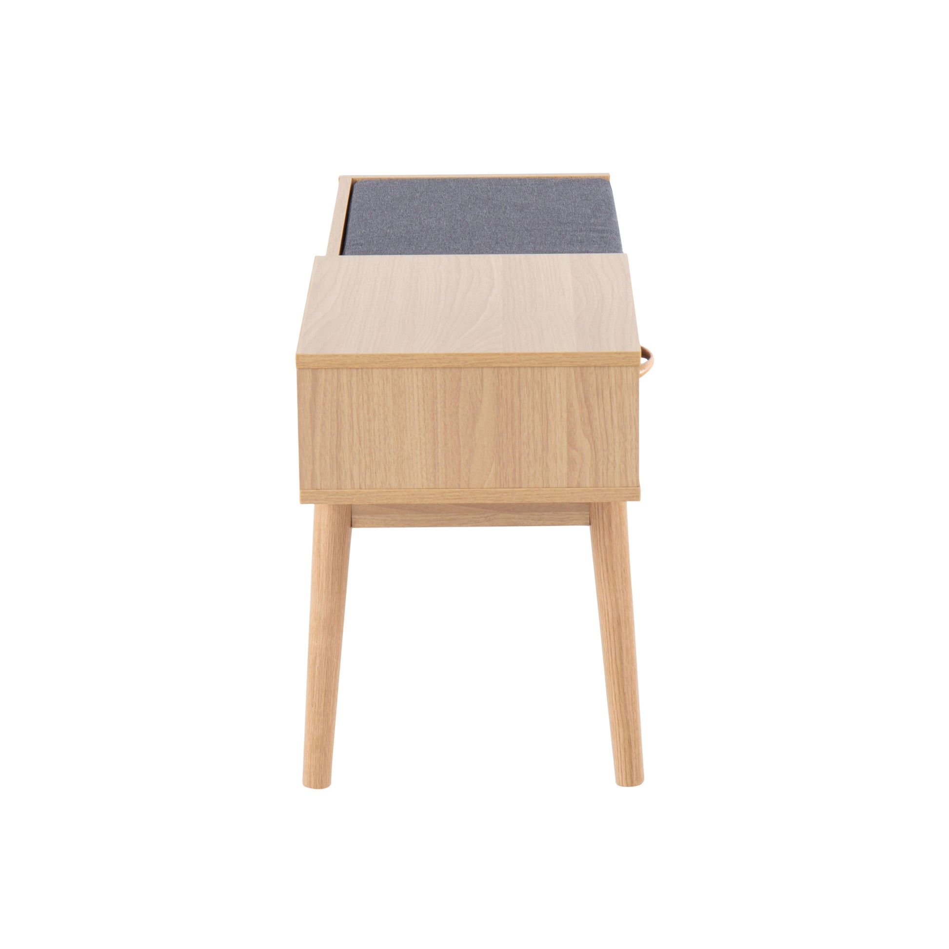 Telephone Contemporary Bench in Natural Wood and Grey Fabric with Pull-Out Drawer image 2
