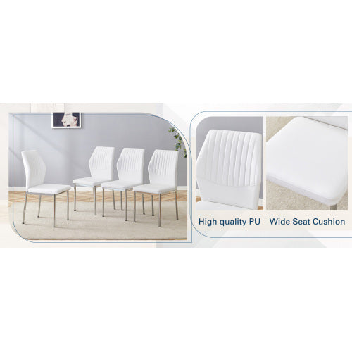 Luxury Simple Chair - Set of 4 White PU Material High Resilience Dining Chair with Metal Silver Leg.The Chair Back Has a Vertical Stripe Design With Smooth And Uniform Lines. image 10