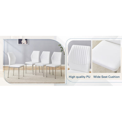 Luxury Simple Chair - Set of 4 White PU Material High Resilience Dining Chair with Metal Silver Leg.The Chair Back Has a Vertical Stripe Design With Smooth And Uniform Lines. image 10