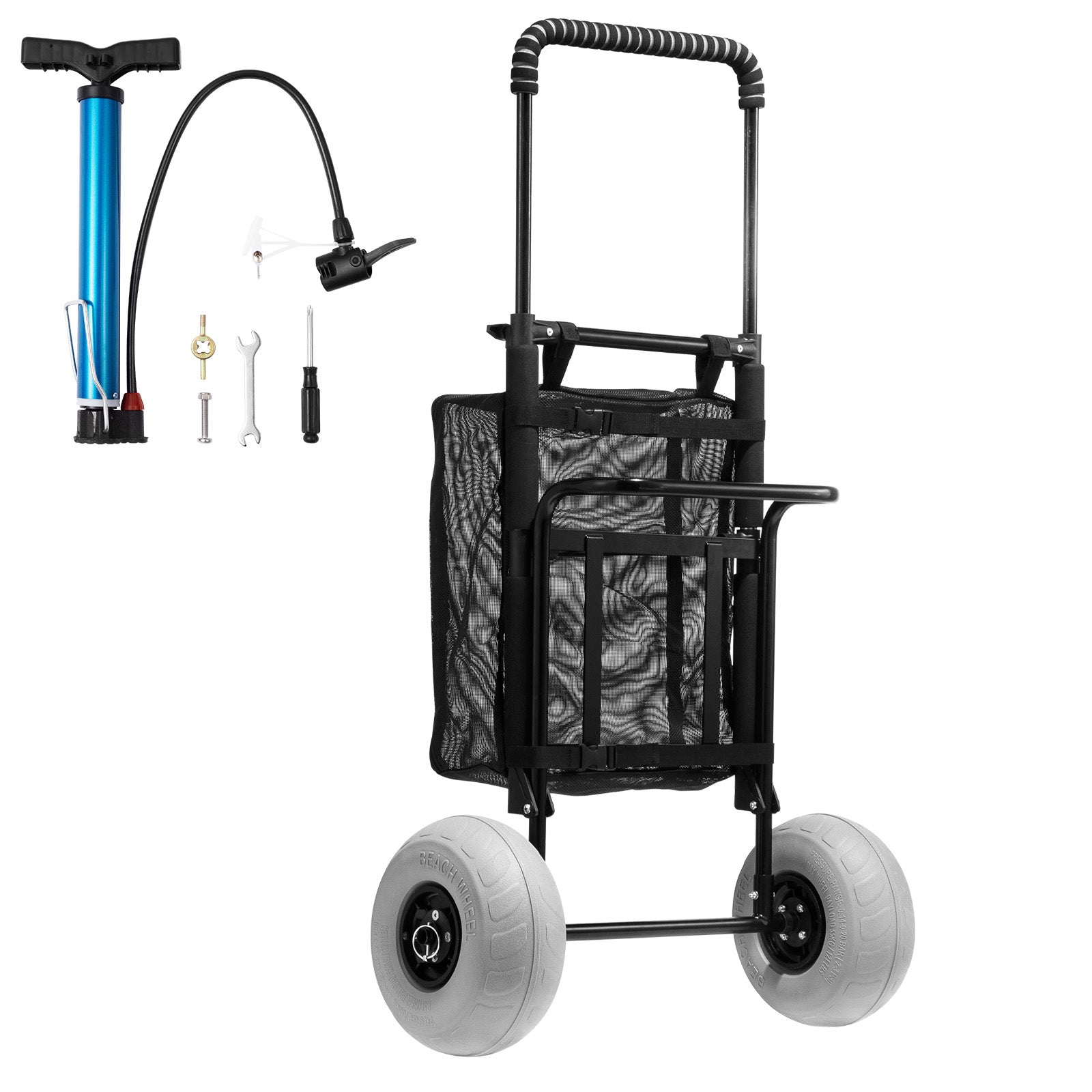 Beach Dolly with Big Wheels for Sand, 20.1" x 14.6" Cargo Deck, w/ 9" Balloon Wheels, 165LBS Loading Capacity Folding Sand Cart & 27.2" to 44.9" Adjustable Height, Heavy Duty Cart for Beach image 1