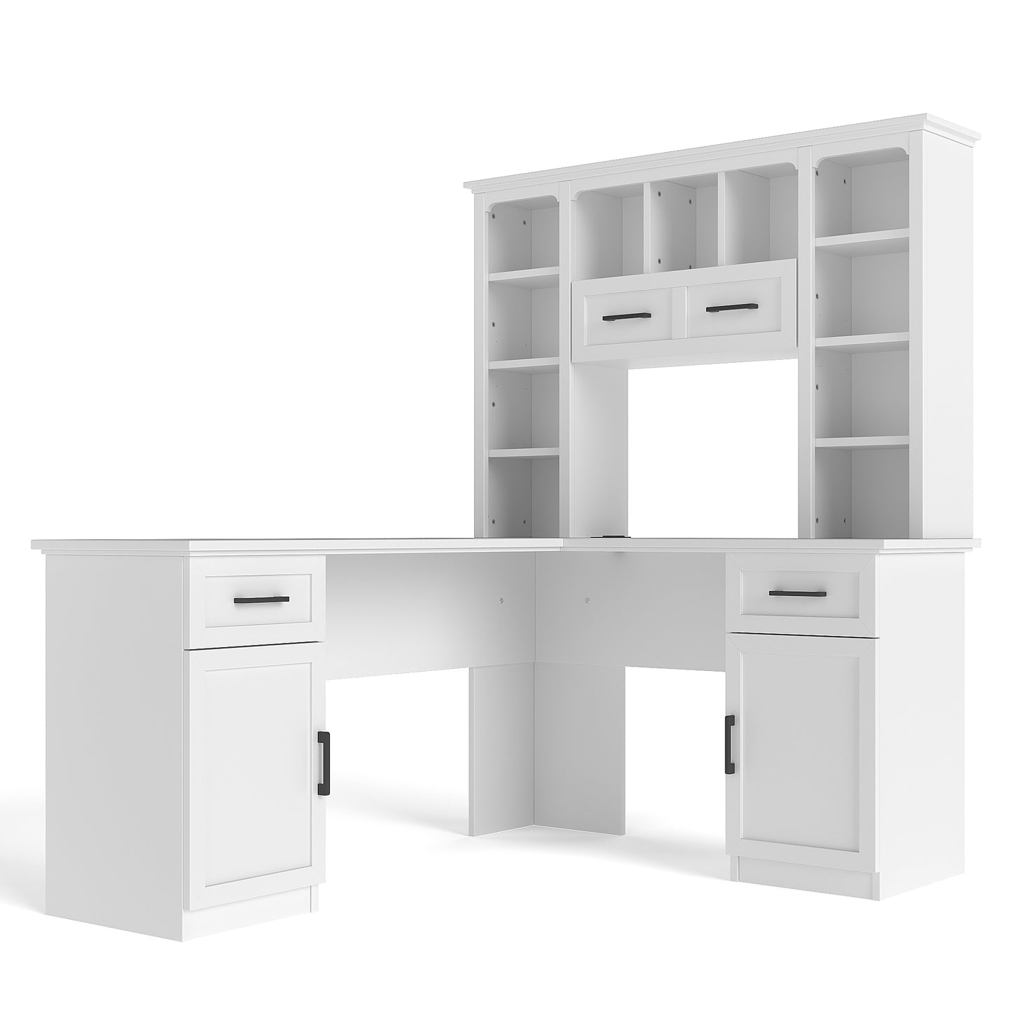L-Shaped Computer Desk with 2 Cabinets and 2 Drawers, 11 Open Shelves and 1 Right Flip Shelf with Storage, with Power Outlet, for Study, Living Room and Office, White image 5