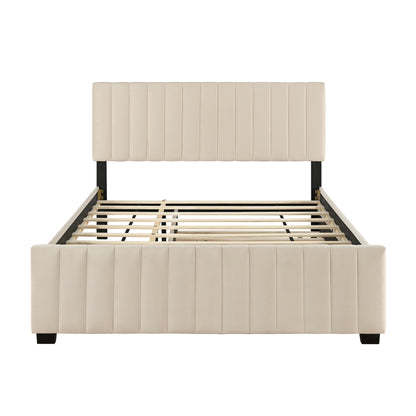 Queen Size Velvet Upholstered Platform Bed with Twin XL Size Trundle, Beige image 3