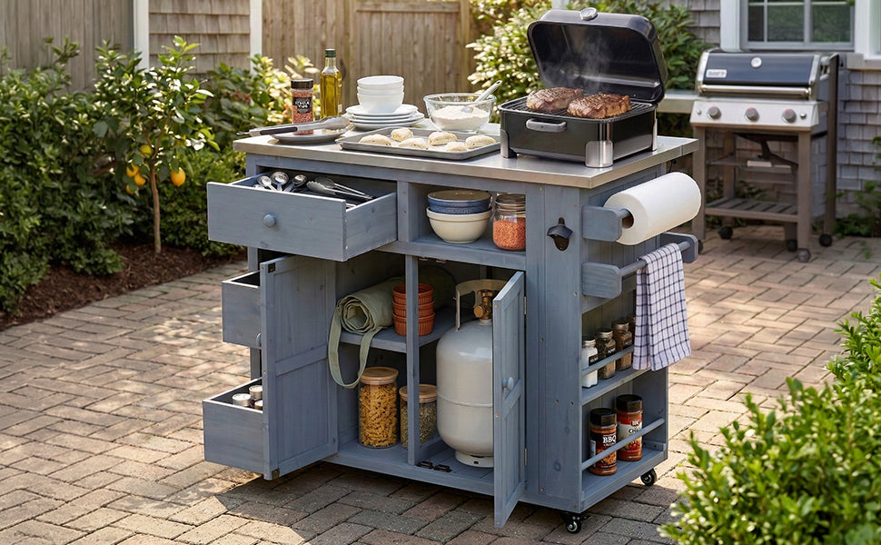 TOPMAX Outdoor Solid Wood Extendable 19.3''/28'' Kitchen Island, Stainless Steel Top Grill Table with Side Spice Rack, Kitchen Cart with Drawers, Storage Cabinet for Backyard, BBQ,Party, Gray image 5