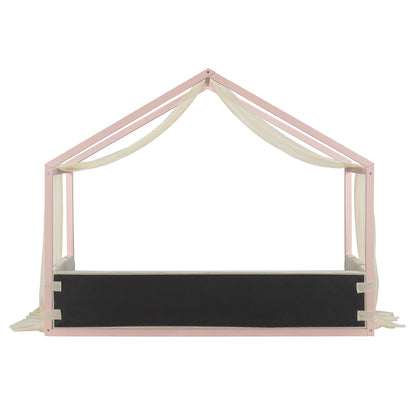 Twin Size Canopy Bed with Upholstered Velvet Side Panels, Breathable Gauze Canopy, Soft-Padded Platform Bed Frame, Easy Assembly Modern Bed for Bedroom, Guest Room-Pink image 10
