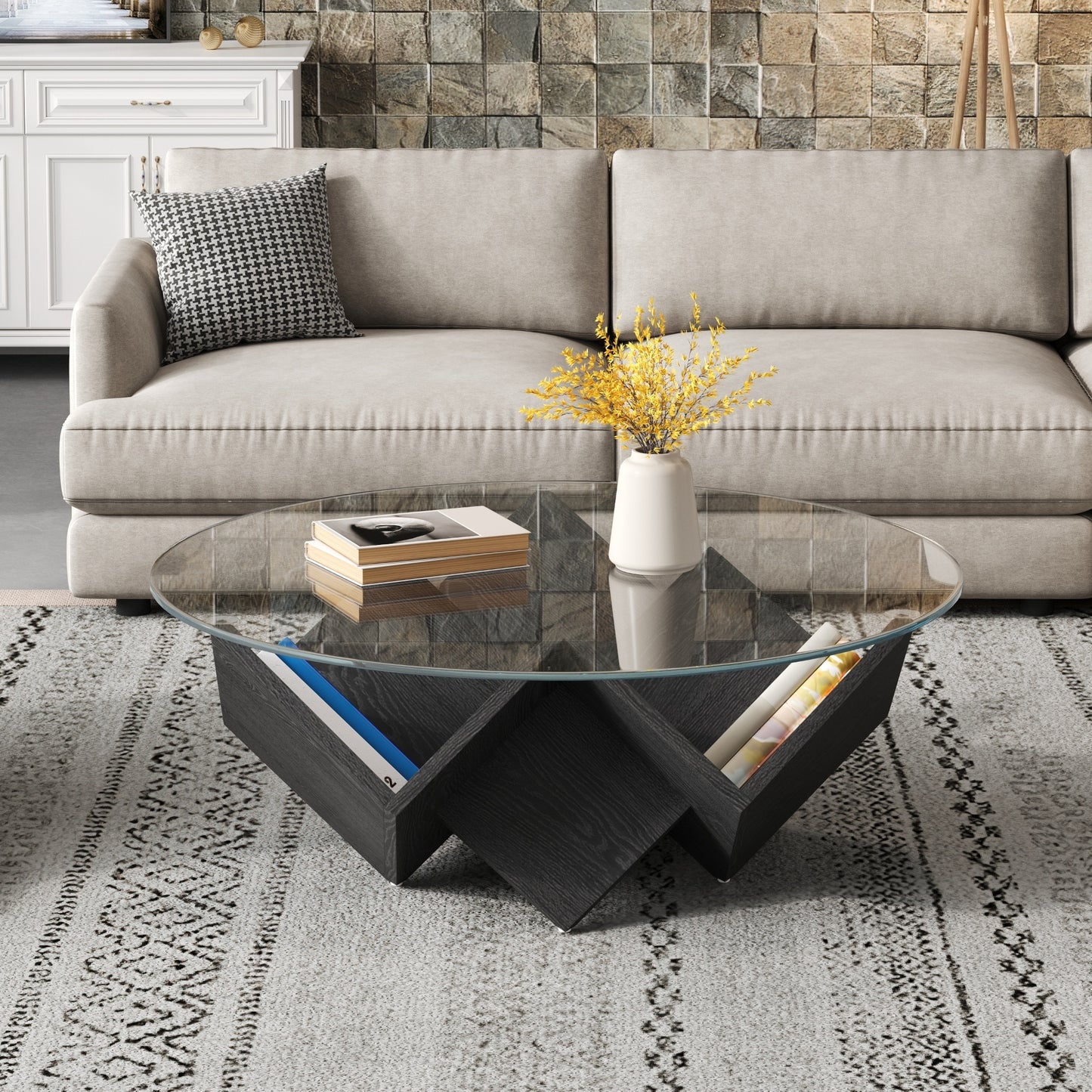 The Round Coffee Table with Glass Top and Geometric Abstract Art Deco Base Storage Shelves, Black, 35.4" image 1