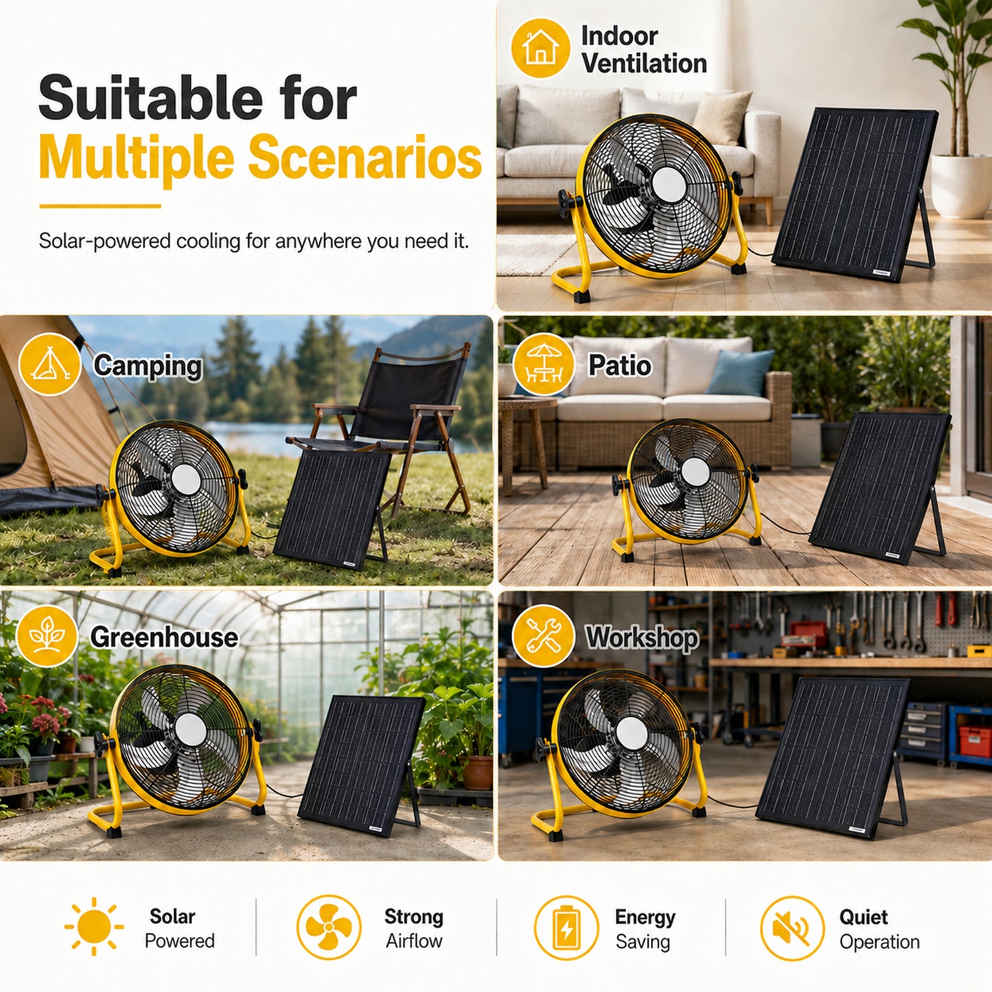 12" Yellow Solar Rechargeable Floor Fan,30W Adjustable Monocrystalline Solar Panel,Built-in 1500mAh Battery,3-Speed Remote Dual Power Fan for Home Room,Backyard Camping & Greenhouse image 6