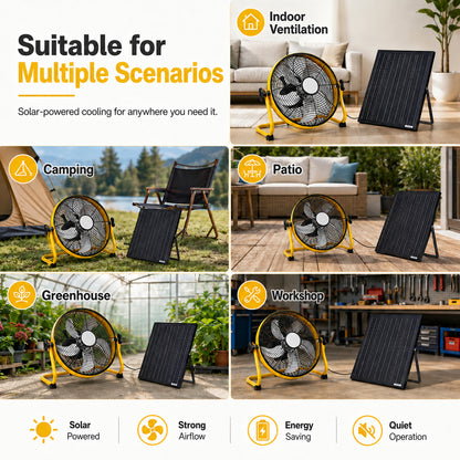 12" Yellow Solar Rechargeable Floor Fan,30W Adjustable Monocrystalline Solar Panel,Built-in 1500mAh Battery,3-Speed Remote Dual Power Fan for Home Room,Backyard Camping & Greenhouse image 6