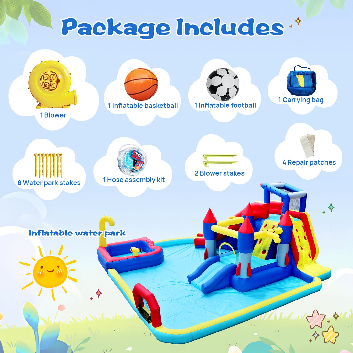 10 in1 Inflatable slide water park bouncing house garden with splash pool & water gun & basketball & climbing wall & dual pools & soccer image 6