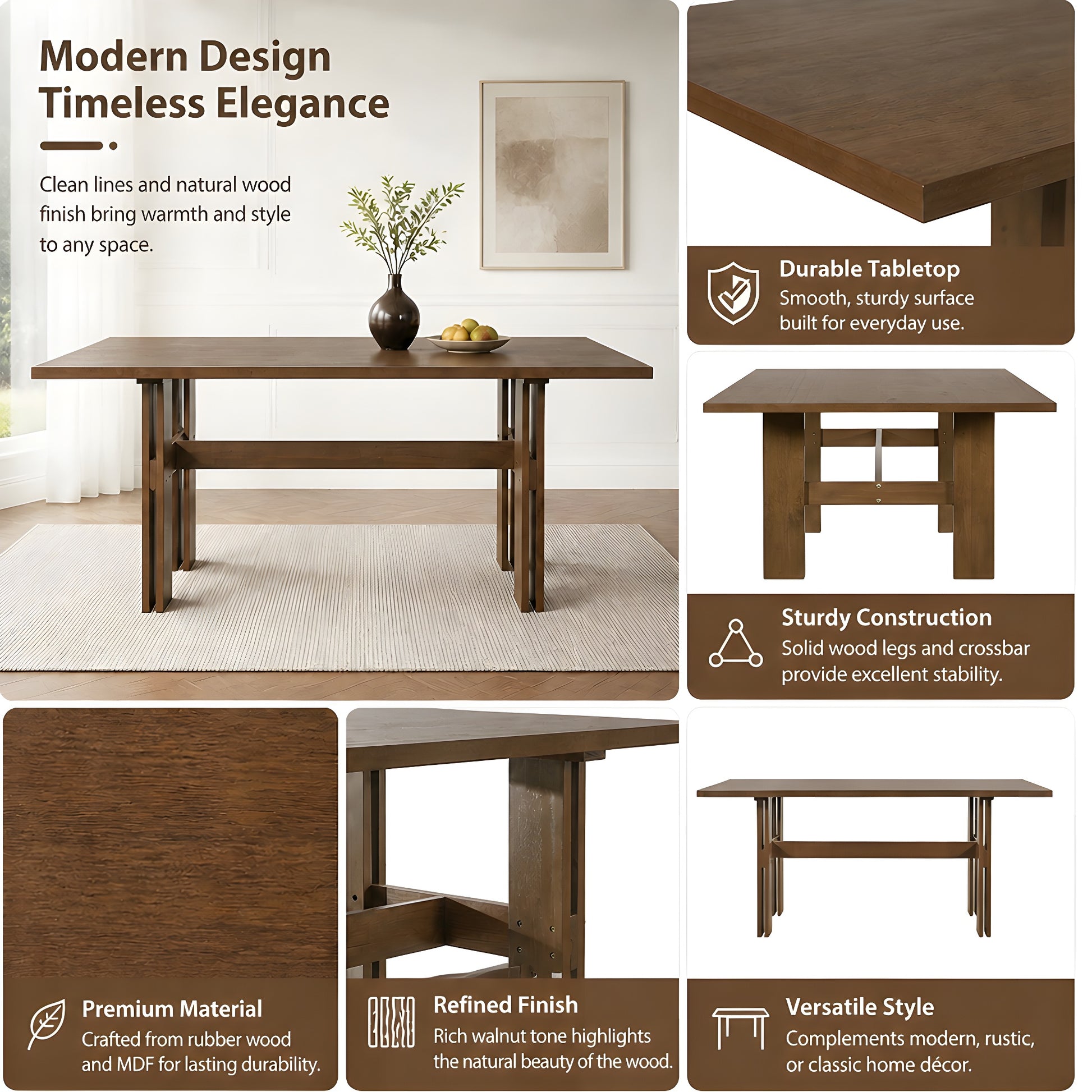 7 Pieces Modern Dining Set, Rustic Farmhouse Solid Wood Kitchen Table Set for 6, 71'' Large Retro Country Dinner Set with Walnut Chair, for Dining Room, Kitchen, Walnut image 2