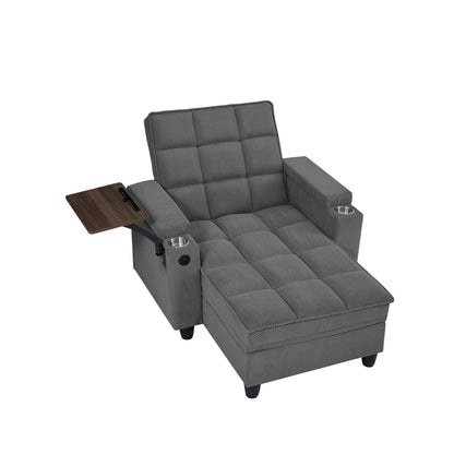 Dark Grey Chaise Lounge Sofa,Sleeper Chair Bed with 6-Position Adjustable Backrest,USB Ports, Cup Holder and Swivel Side Table image 7