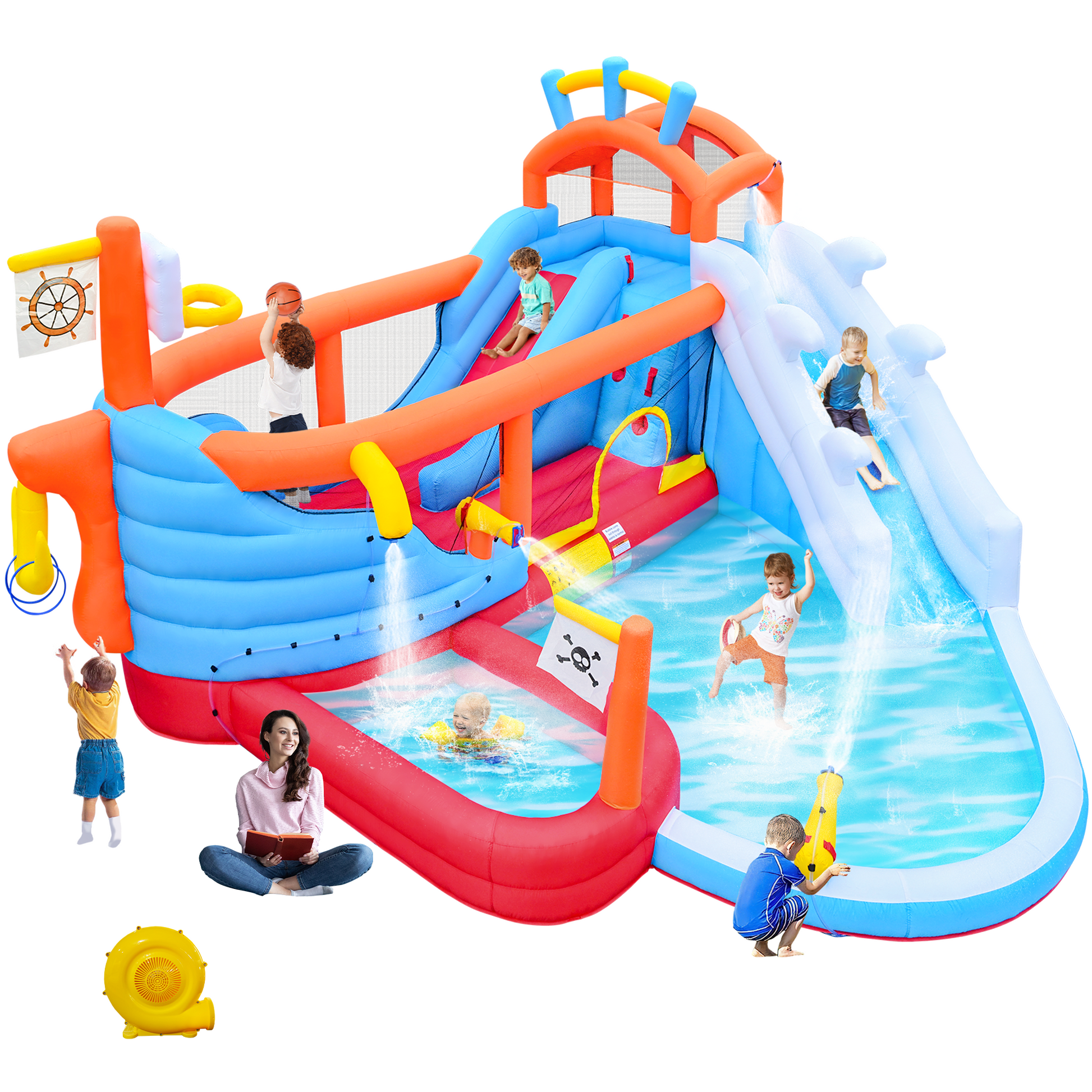 9 in1 Inflatable Slide Water Park Jump Area Dual Slides Climbing Wall Anchor Ring Toss Basketball Hoop Dual Water Guns Shallow and Bathing Poolsfor Kids image 1