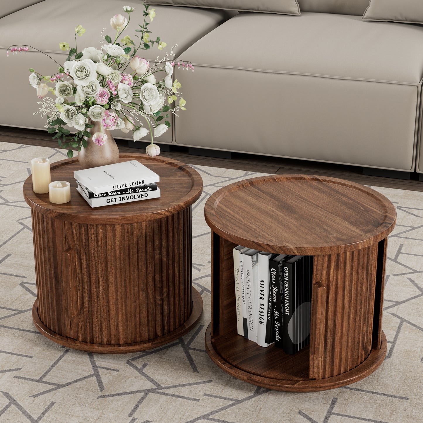 2Piece Round Coffee Table Set, Modern Nesting Side Tables with Sliding Door Storage, Walnut Finish Sofa End Table & Bedside Nightstand for Living Room & Bedroom, Fluted Roman Column Design Accent Tab image 5