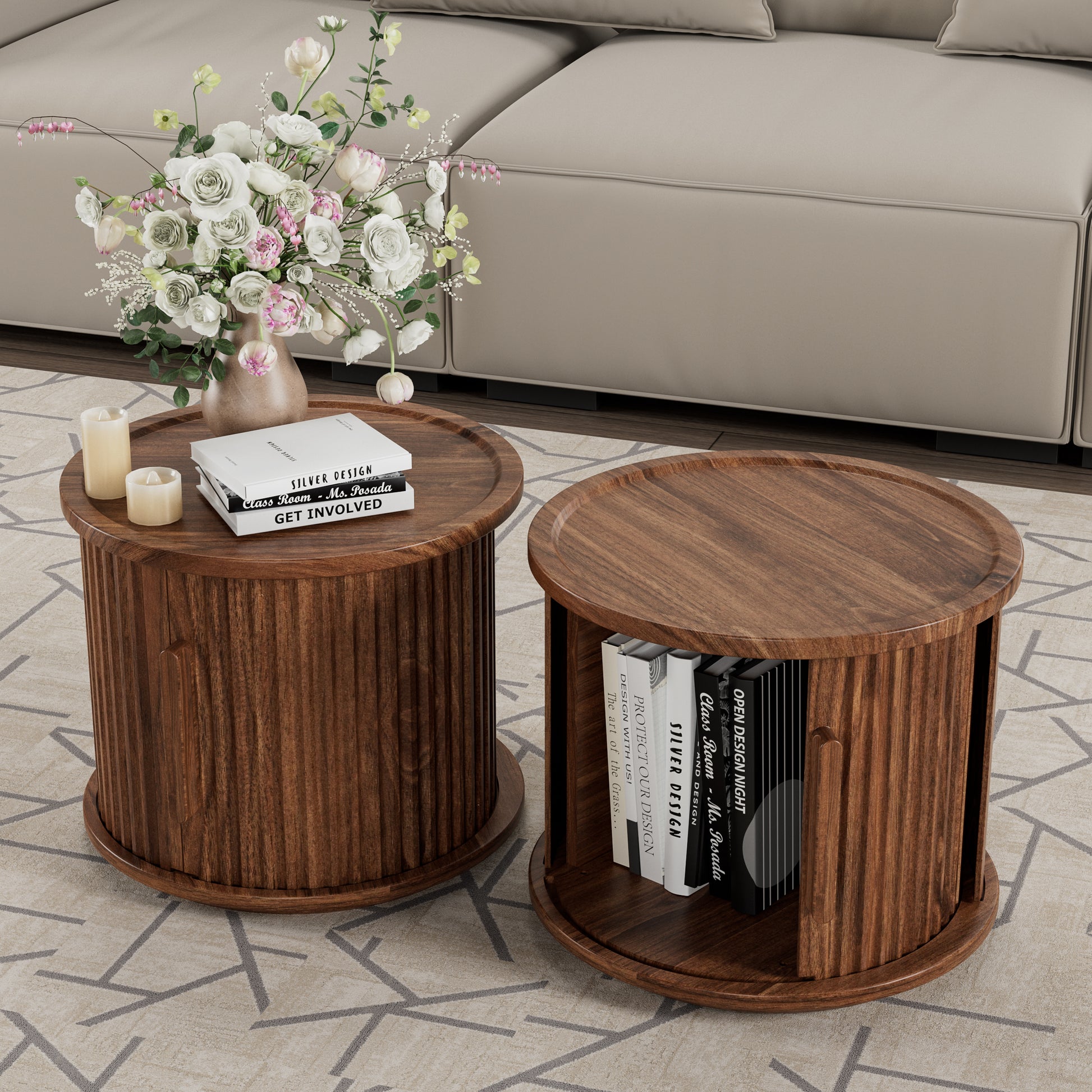 2Piece Round Coffee Table Set, Modern Nesting Side Tables with Sliding Door Storage, Walnut Finish Sofa End Table & Bedside Nightstand for Living Room & Bedroom, Fluted Roman Column Design Accent Tab image 5