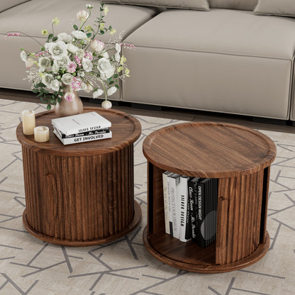 2Piece Round Coffee Table Set, Modern Nesting Side Tables with Sliding Door Storage, Walnut Finish Sofa End Table & Bedside Nightstand for Living Room & Bedroom, Fluted Roman Column Design Accent Tab image 5