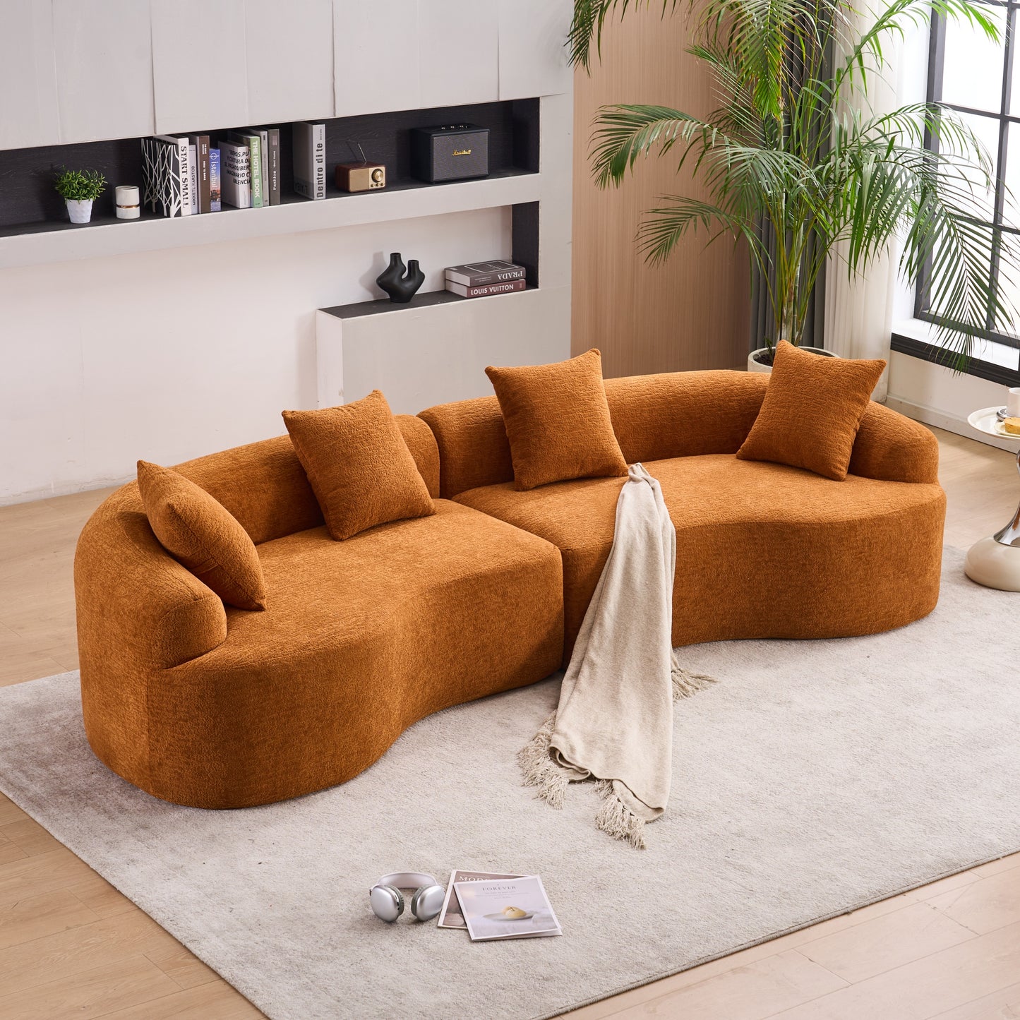 Compression Sponge Sofa Orange Curved Modular Sectional, 30D High-Density Chenille Sleeper Couch for Apartment, Living Room,110"L image 1